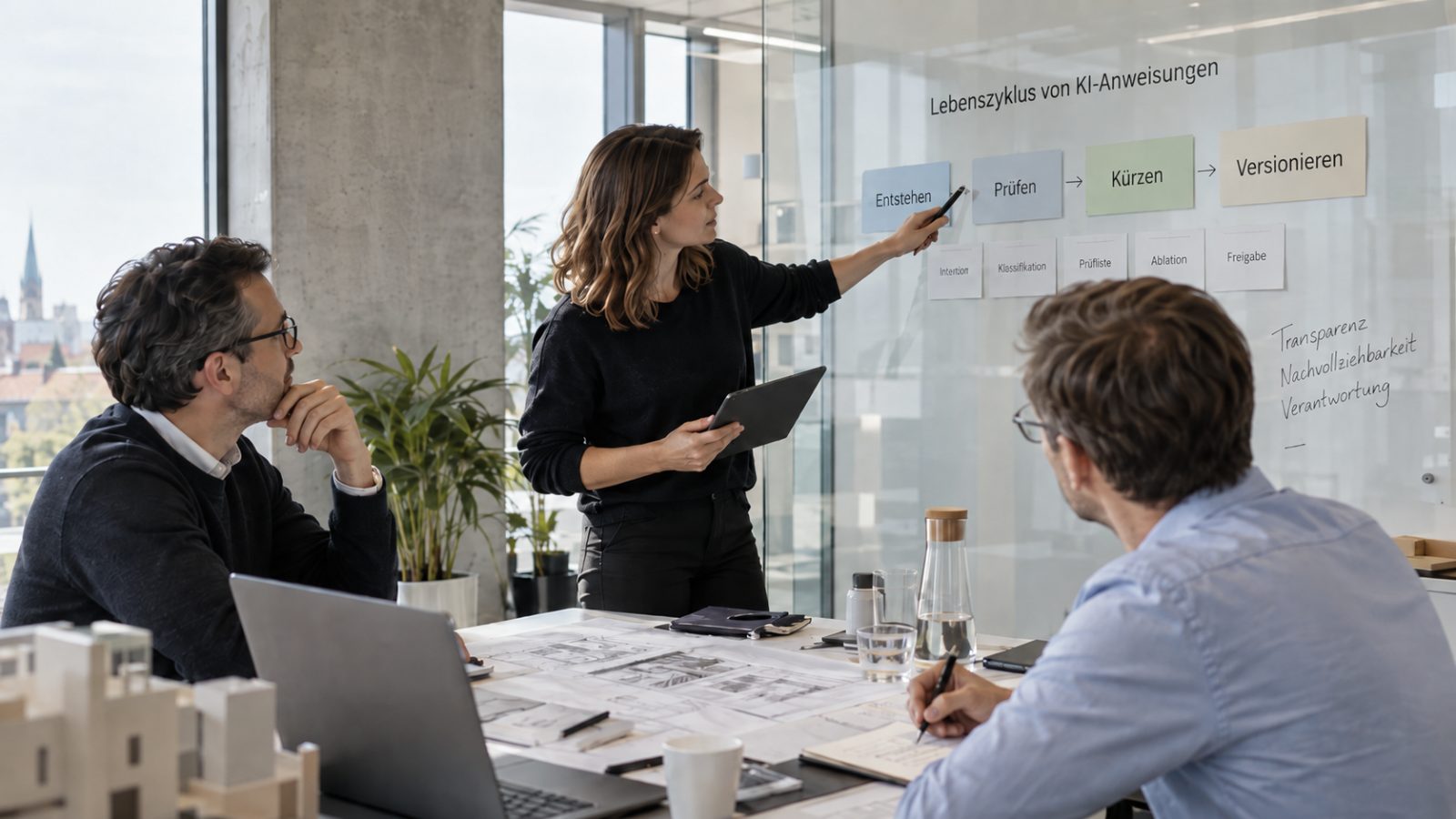 Besprechung im Ingenieurbüro vor einer Glaswand mit den Schritten Entstehen, Prüfen, Kürzen und Versionieren von KI-Anweisungen